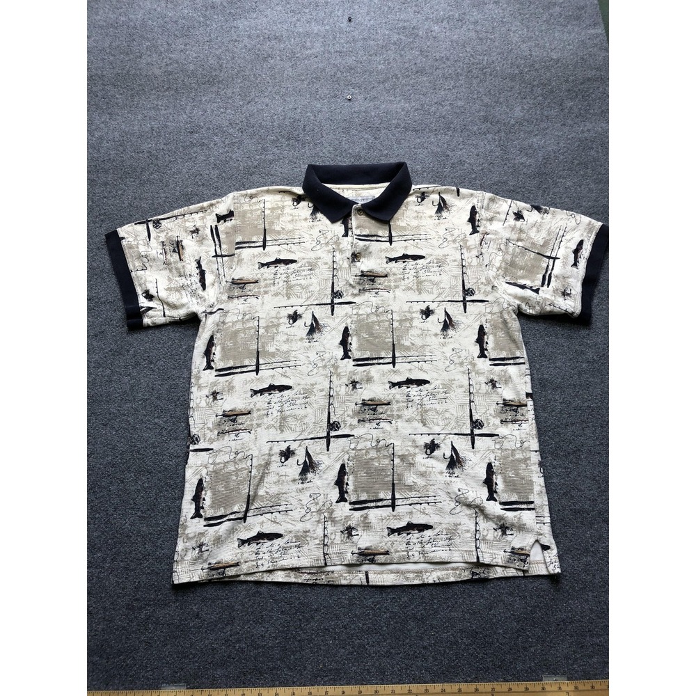 Munsingwear Polo Shirt Mens‎ XLT Beige Fishing Print Short Sleeve 100% Cotton